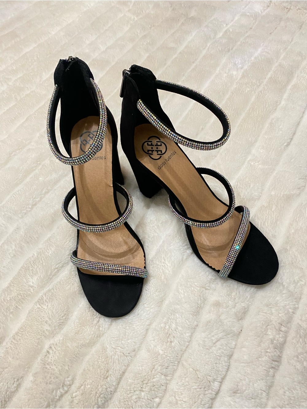 Daisy Fuentes Black Strappy Block Heels with Multicolor Rhinestones
